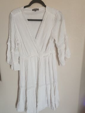 White V-Neck Boho Lace Trim Dress